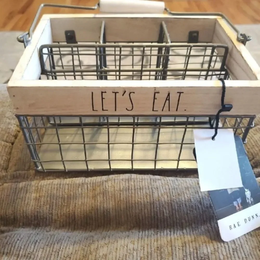 NWT Rae Dunn Let’s eat Caddy Utensils Organizer wire Wood Handle Big Lettering
